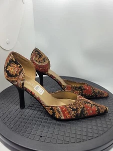 Highlights Vintage Womans Shoes Payless Pointed Toe Paisley Fabric Heel Size 8.5 - Picture 1 of 15