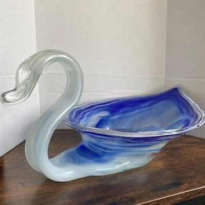 VTG Murano Style Swan Sculpture Art Glass Bowl Blue White Swirl Large Glass Swan - Picture 1 of 16