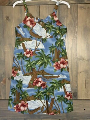 Vestido de Sol Feminino Vintage HILO HATTIE Azul Havaiano Vermelho Verde Marrom L 10 12 Excelente Estado Usado - Imagem 1 de 3