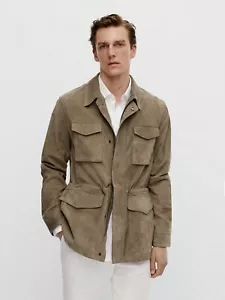 New Massimo Dutti Nubuck Leather Safari Jacket Lt Ed XL 3322/800 field military - Picture 1 of 7