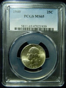 1940-P Washington Silver Quarter 25C PCGS MINT STATE 65 MS 65 (Lotto#17-3) - Foto 1 di 4