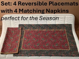 Holiday Paisley Cloth Red Green Matching 4 (17X12) Placemats & 4 (16X19) Napkins - Picture 1 of 15