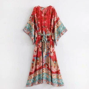 New Women Deep V neck Kimono Sleeve Floral Summer Hippie Print Maxi BOHO DRESS - Picture 1 of 8