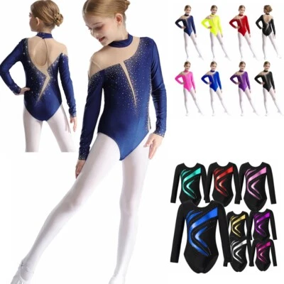 UK Girls Kids Sparkly Rhinestone Gymnastics Ballet Dance Figure Skating Bodysuit - Image 1 of 4