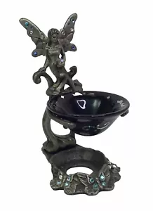 Mystical Fairy Oil Diffuser Pewter Rhinestones Ceramic Black Silver Bowl Signed - Picture 1 of 9