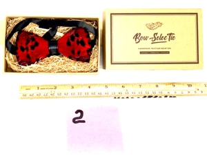 preowned- SELEC-TIE, artisan handmade feather bow tie- red with black spots, box - Picture 1 of 3
