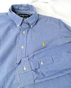 Camisa Ralph Lauren Para Hombre Mediana Azul Guinga Ajuste Personalizado Botones Manga Larga - Imagen 1 de 10