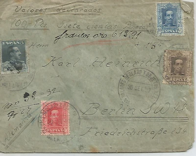 ESPAÑA SOBRE MADRID "VALORES DECLARADOS" REVERSO VARIOS MATASELLOS DE LLEGADA - Imagen 1 de 2