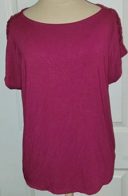 TAHARI 女式 Fushia 粉红色蕾丝袖正装衬衫上衣 T 恤 M 码 — 第 1/4 张图片