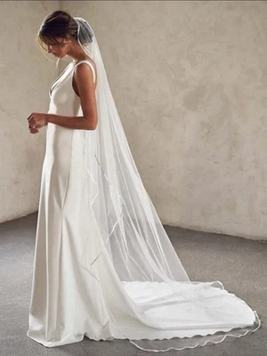 UK Satin Edge Bridal Veil 1 Tier 3M Cathedral Length Wedding Veil With Comb - Image 1 of 4