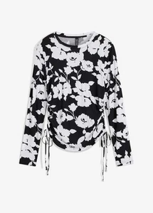 Langarmshirt mit Schnürung Gr. 32/34 Schwarz Weiß Geblümt Damen Shirt Bluse Neu - Bild 1 von 1