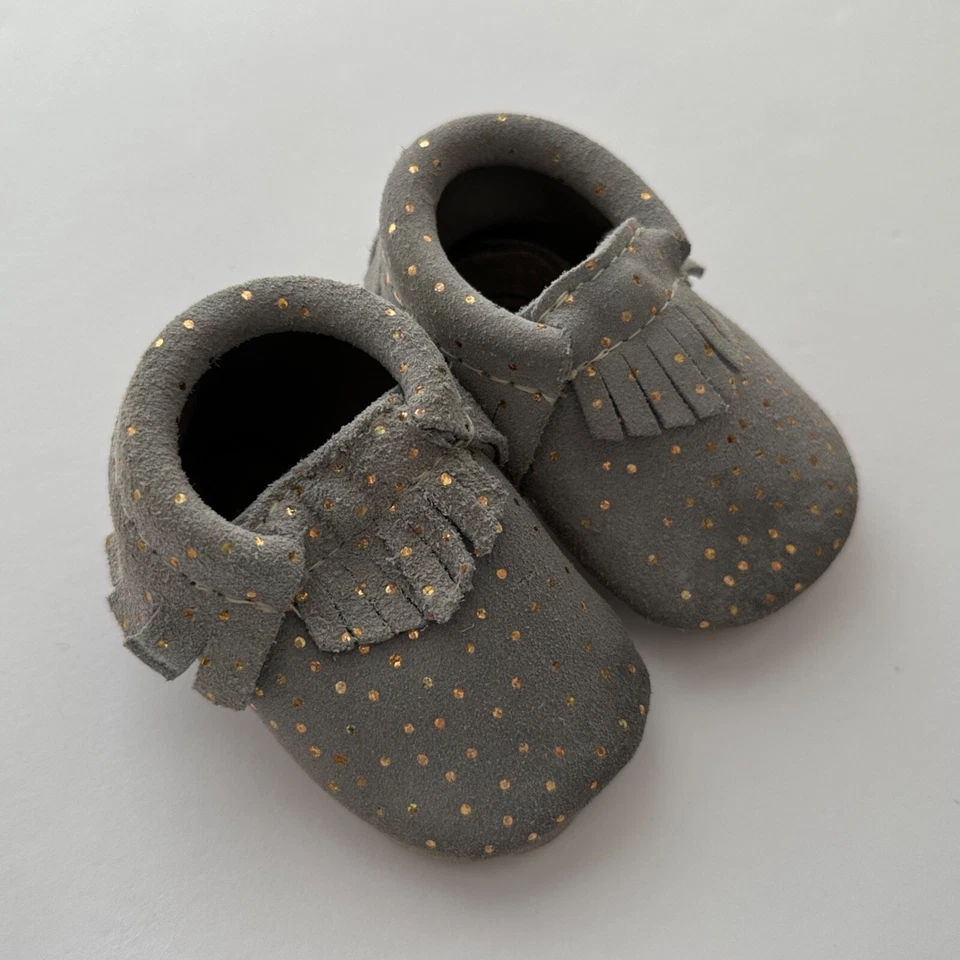 FRESHLY PICKED Gray Gold Dot Leather Fringe Moccasins Moccs Size 1 - Image 1 of 3