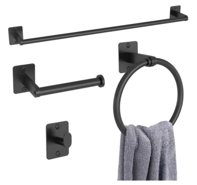 Juego de herrajes de baño negro mate, toallero 4 piezas, gancho, soporte TP, estante Foto 1 de 4