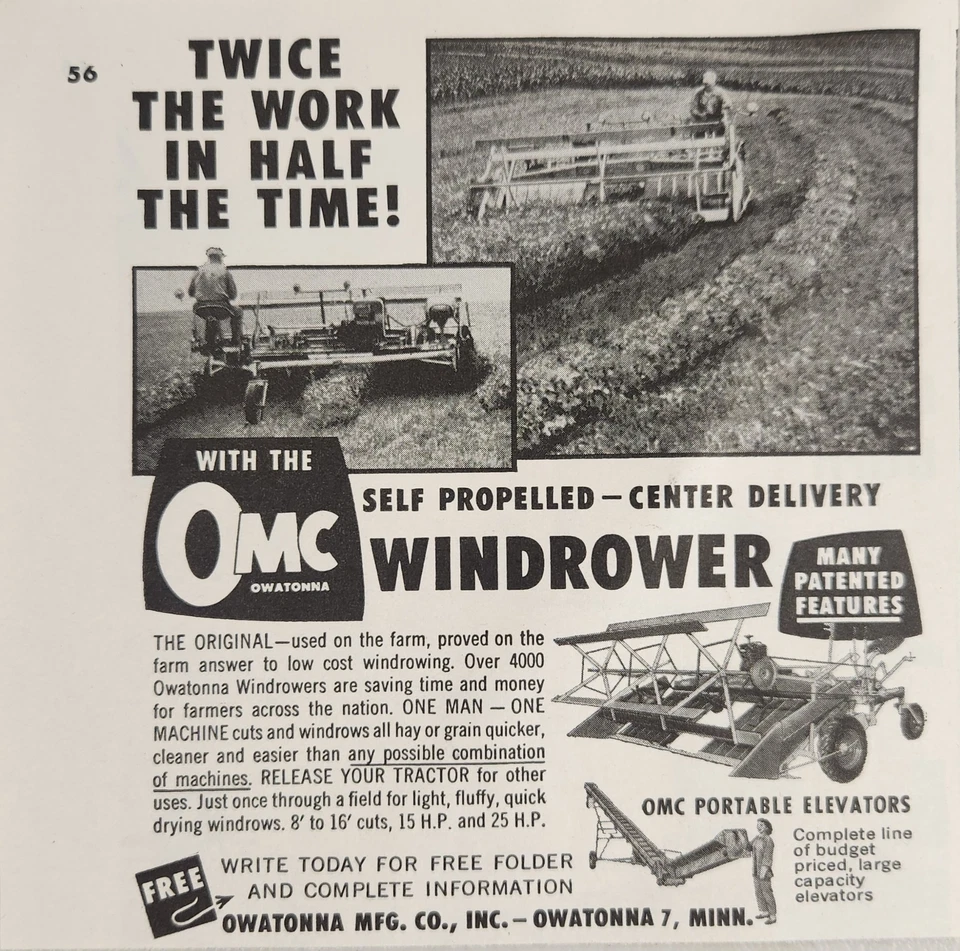 Anuncio impreso 1955 Owatonna OMC Windrower máquina agrícola autopropulsada Owatonna, sin usar, Foto 1 de 1