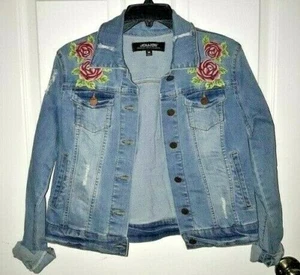 JouJou~Distressed~light Wash~youth girl~Jeans~Jacket~Roses embroider~Size Large! - Picture 1 of 9