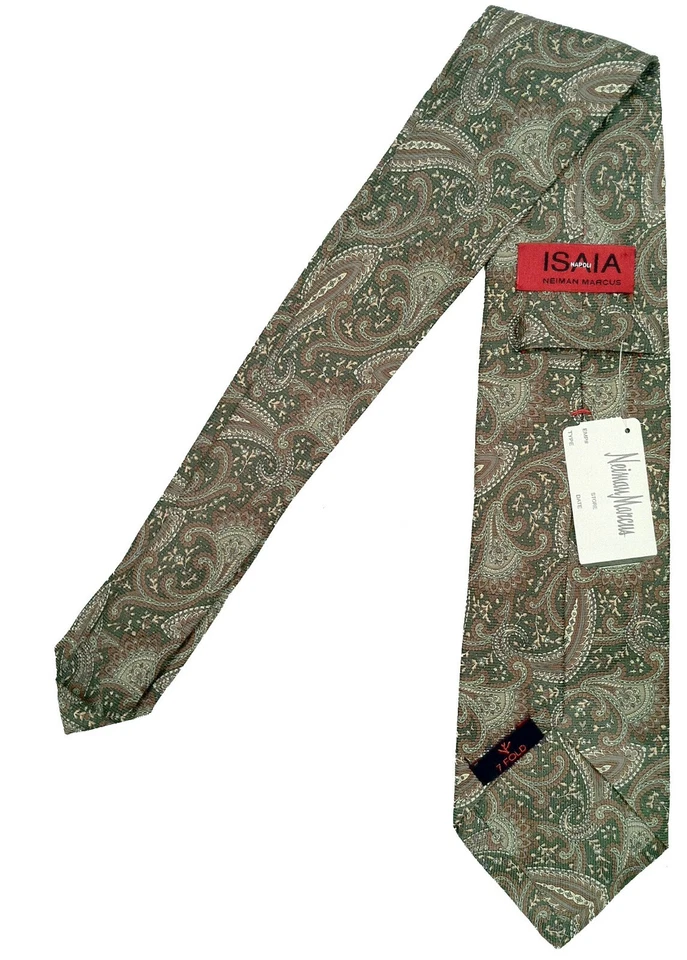 ¡NUEVA CORBATA DE 7 PLIEGUES Isaia Pure Silk $295!   Diseño Paisley Verde, Marrón y Crema Foto 1 de 1