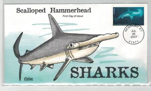 2017 COLLINS HANDPAINTED FDC SHARKS STAMPS SCALLOPED HAMMERHEAD - Picture 1 of 1