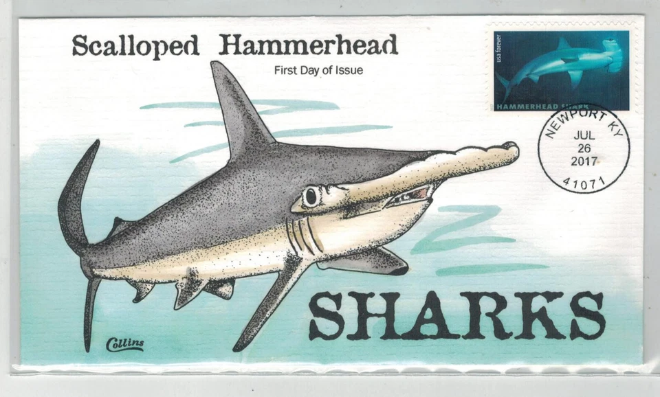 2017 COLLINS HANDPAINTED FDC SHARKS STAMPS SCALLOPED HAMMERHEAD - Image 1 of 1