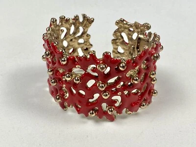 Brazalete Brazalete Bisagras Rama Coral Esmalte Kenneth Jay Lane Rojo Raro Oro KJL Foto 1 de 4
