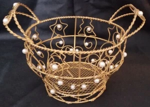 Gold Tone 6.5" W x 6" H Wire Xmas Dbl Handled Basket Bejeweled w/ Faux Pearls - Picture 1 of 10