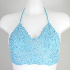 Crochet Blue Bralette Crop Top Triangle Halter Bohemian Beach Summer Size S - Picture 1 of 7