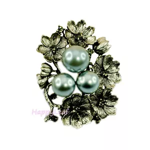 Vintage Style Simulated Black Pearl Brooch Pin w/ CZ flower for Bridal Wedding - Bild 1 von 4