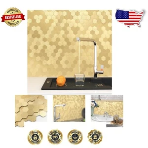 Stylish 3D Gold Aluminum Hexagon Tile Stickers - Kitchen Backsplash 10 Pack - Picture 1 of 9
