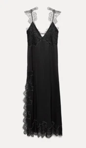 Zara Lace Lingerie Style Dress High Slit Black Midi Slip Dress Small 8369/515 - Picture 1 of 18