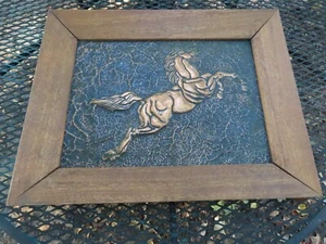 HORSE REPOUSSE COPPER CRAFT ART 1951 MCM SIGNED PFH TOKYO JAPAN OAK FRAME - Picture 1 of 6