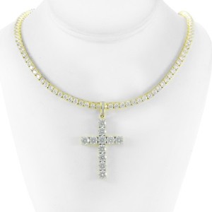 Men's 14K Gold Finish Lab Diamond Bling Cross 4mm Tennis Chain 1 Row Solitaire