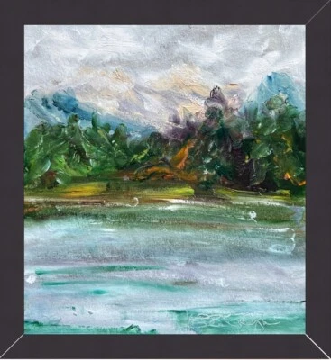 Paisagem abstrata lago pintura original árvores de montanha arte emoldurada minimalista - Imagem 1 de 4