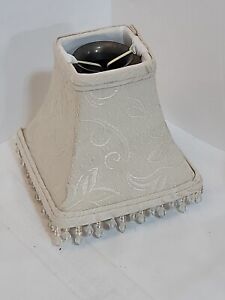  Beaded Fringed Ivory Brocade Linen Square Bell Clip On Lamp Shade New WO Tags