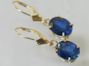 Pendientes de palanca de oro 14 K, zafiro azul creado, E107 - Imagen 1 de 6