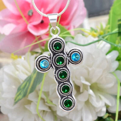 Chrome Diopside & Blue Topaz Gemstone Cross 925 Sterling Silver Jesus Pendant - Image 1 of 4