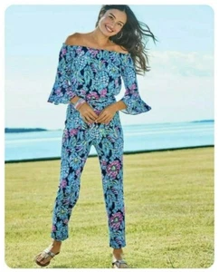 LILLY PULITZER Calla Jumpsuit High Tide Navy Pineapple Paradise XS Pink Blue EUC - Picture 1 of 14