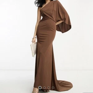 ASOS Design One Shoulder Premium Draped Maxi Dress With Trail In Chocolate Brown - Picture 1 of 6