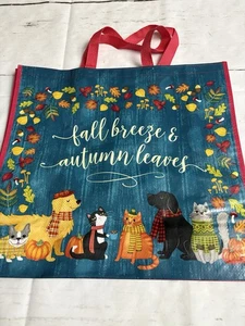 Autumn Reusable Tote Bag 19" X 18" 7" Fall Breeze Autumn Leaves Cats & Dogs - Picture 1 of 2