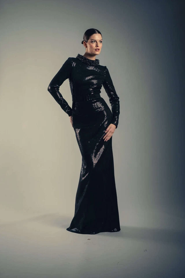 Badgley Mischka Black Sequin Mock Neck Mermaid Gown $880 Modest sz 2 Long Sleeve - Image 1 of 1