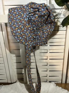 Primitive Prairie Child Bonnet Tea Stain Cotton  Blue  Calico Print - Picture 1 of 1