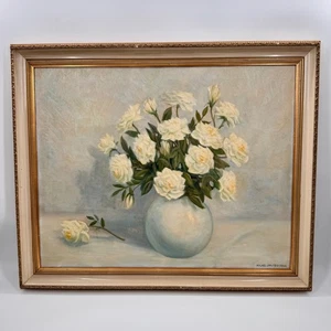 Signed Vintage Oil Painting White Roses Floral Still Life 29x34 Framed - Picture 1 of 13