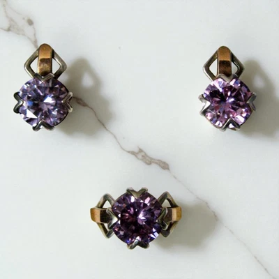 Set di gioielli in argento 925 e oro 375 con ametista, orecchini e anello,... - Immagine 1 di 4