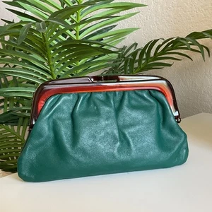 Vintage italienische Leder Clutch Lucite Kissverschluss Smaragdgrün - Bild 1 von 9