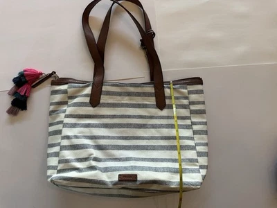 Bolso de Mano Fossil de Lona a Rayas Asas de Cuero Dije Llave Azul Blanco Foto 1 de 4