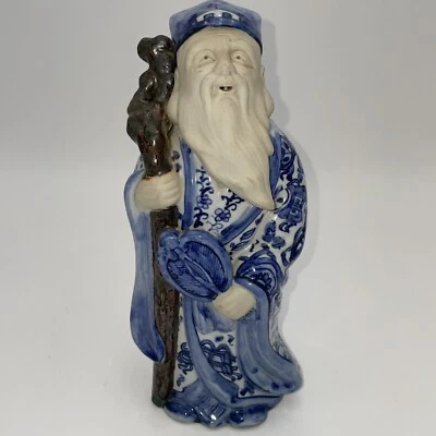 "Dios chino de la inmortalidad porcelana azul y blanco vintage 9,5"" de alto marcado" Foto 1 de 4