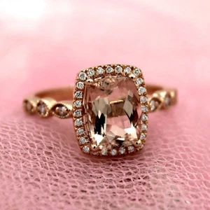 Natural Morganita Halo Compromiso Diamante Anillo 2CT 14Kt Sólido de Oro Rosa - Imagen 1 de 11