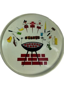 Mid-Century Modern Tin Litho Round BBQ Grill Decorative Lg Round Tray 14 1/2” - Picture 1 of 19