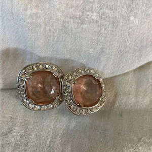 Monet Vintage Cushion Cut Pink Stone with Clear Rhinestone Accents Earrings - Picture 1 of 7
