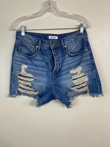 Short en jean Good American Distressed Denim taille 27 taille haute ourlet froncé bouton mouche - Photo 1/16