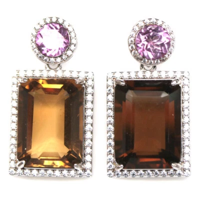 Plata de ley 925 12 x 16 mm. Pendientes de cuarzo coñac, amatista y circonitas cúbicas Foto 1 de 4