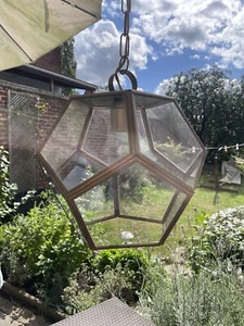 Französische Pentagon elektrische Laterne Pendelleuchte Deckenleuchte Befestigung Messing geometrisch - Bild 1 von 14